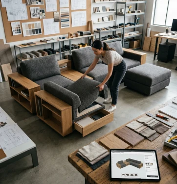 Person arranging furniture in a room
